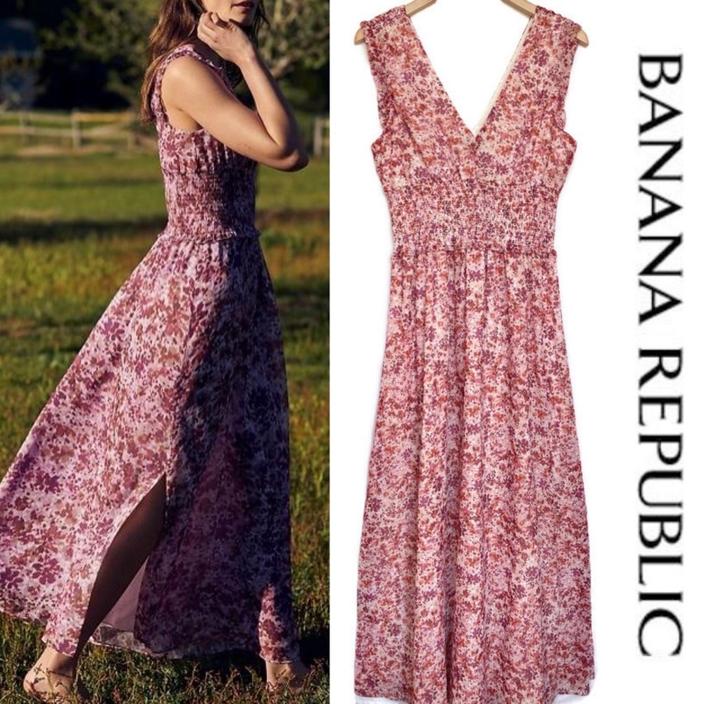 Banana Republic Smocked Maxi Dress Pink Floral NWT